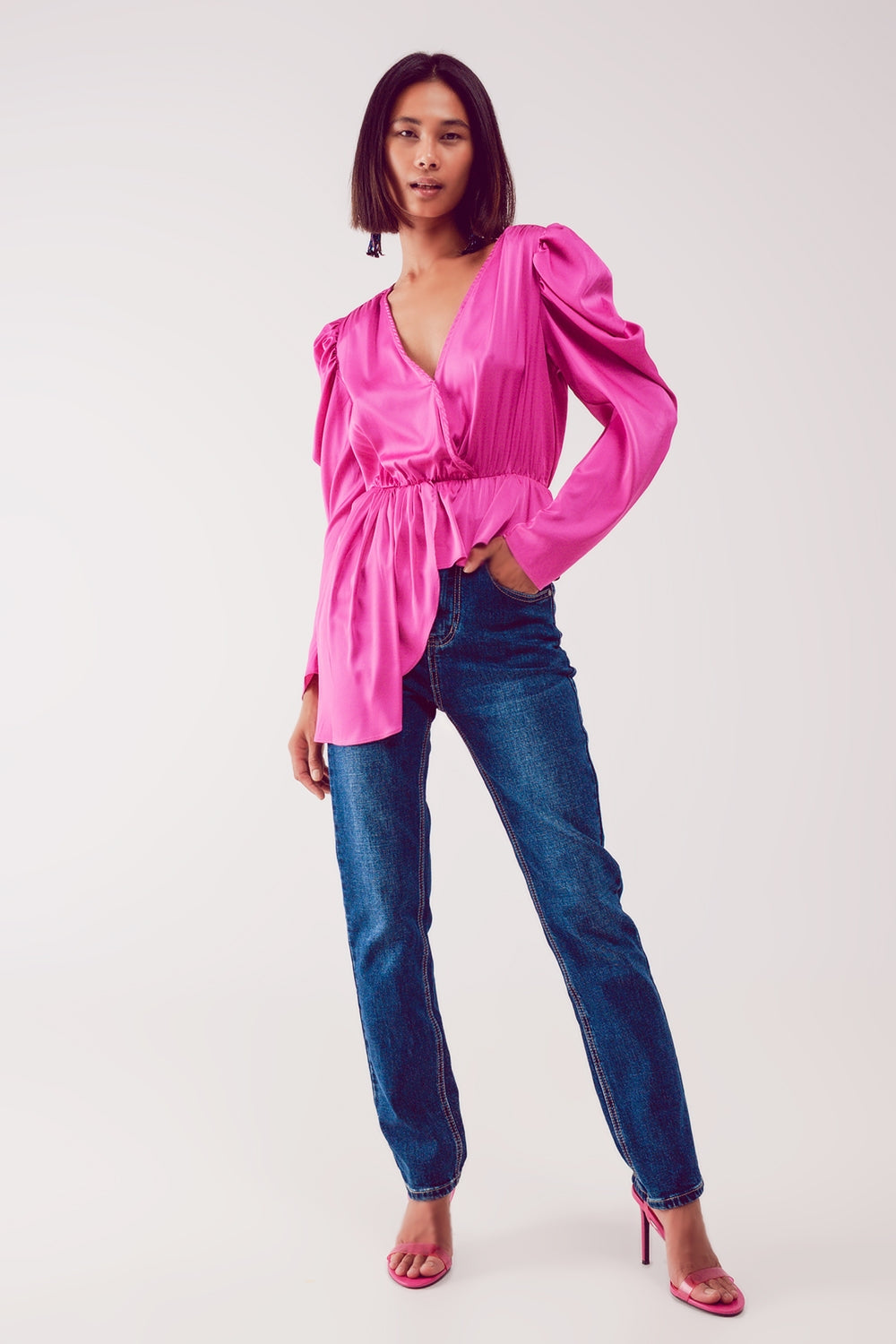 Asymmetric puff sleeve blouse in fuchsia | Just Cool Beans — shirts | tops