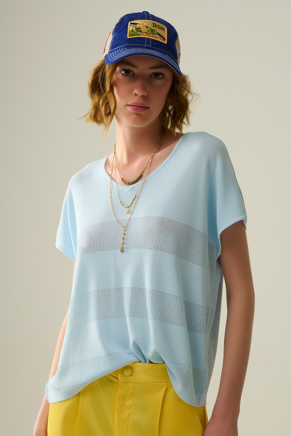 Baby blue v-neck sweater with open knit detail | Just Cool Beans — sweaters | tops