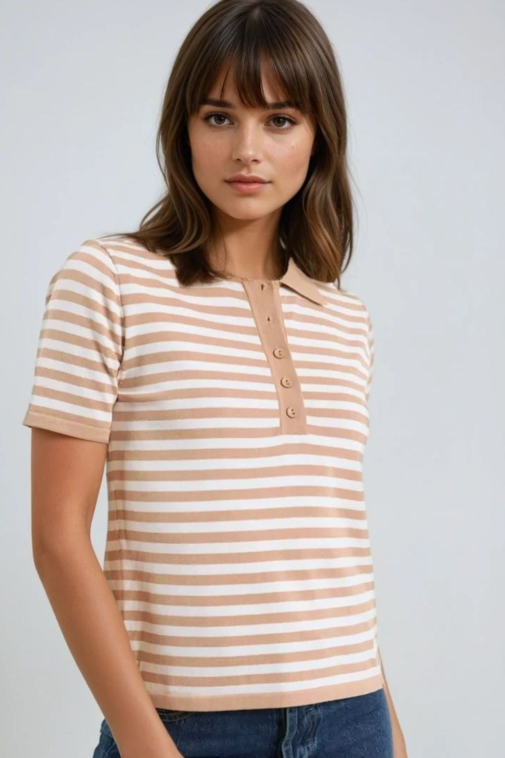 Beige and white striped knitted polo t-shirt | Just Cool Beans — sweaters | tops