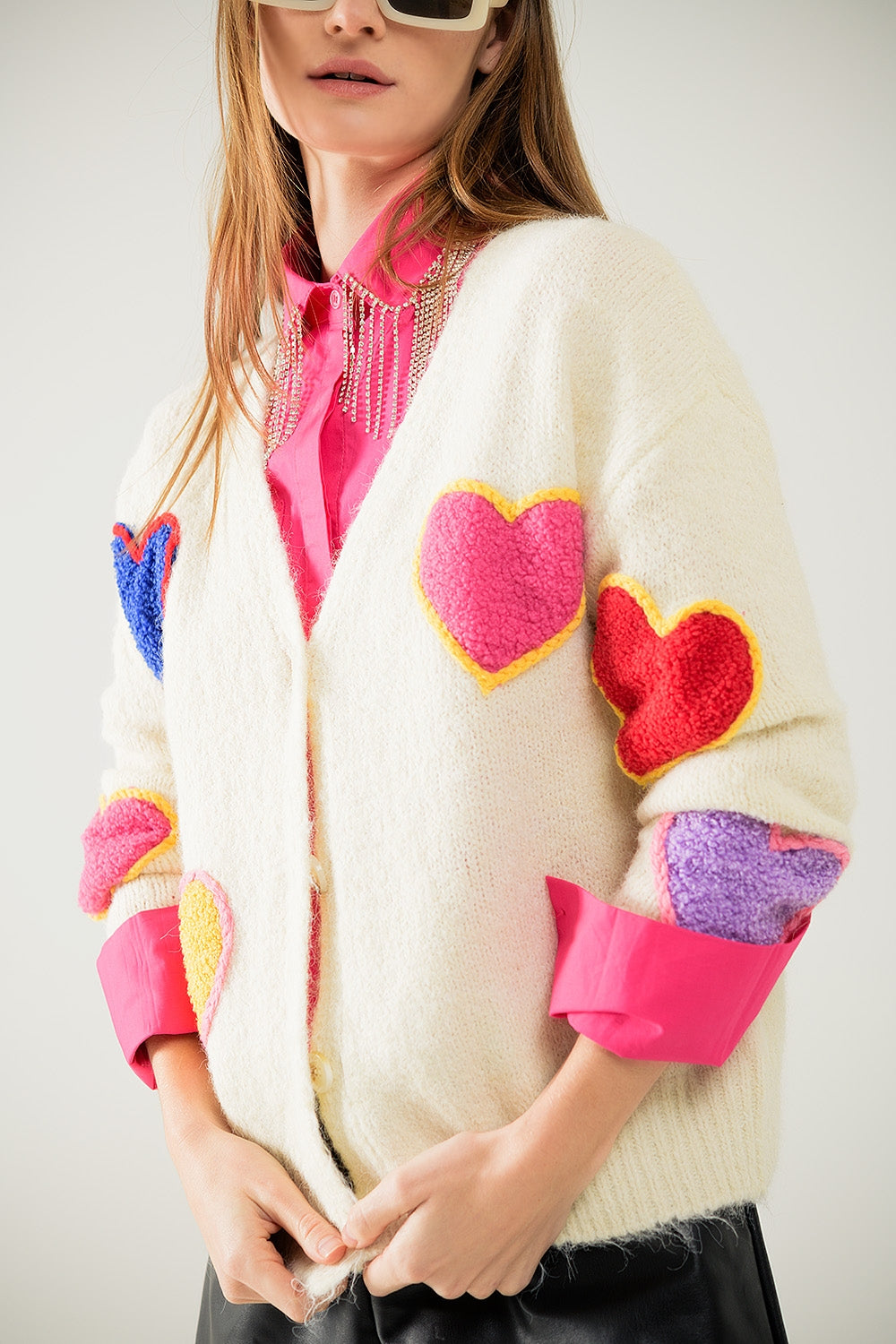 Beige knitted cardigan with embroidered hearts | Just Cool Beans — sweaters | tops