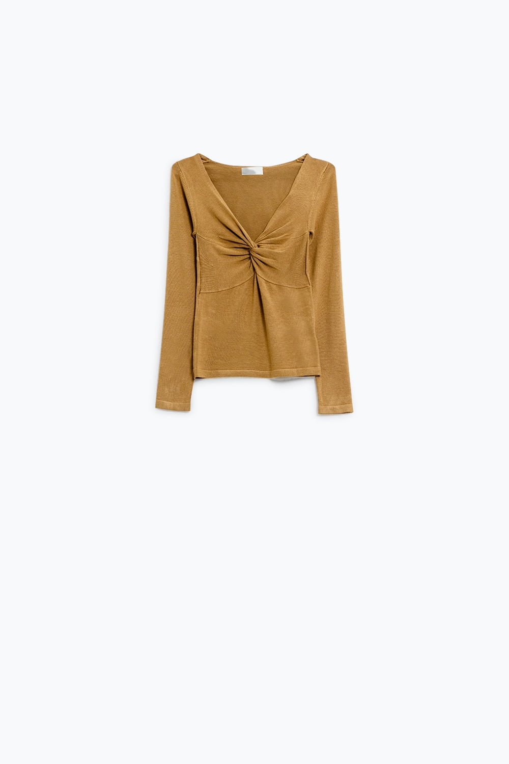 Beige long sleeve shirt with knot detail and v-neck | Just Cool Beans — sweaters | tops