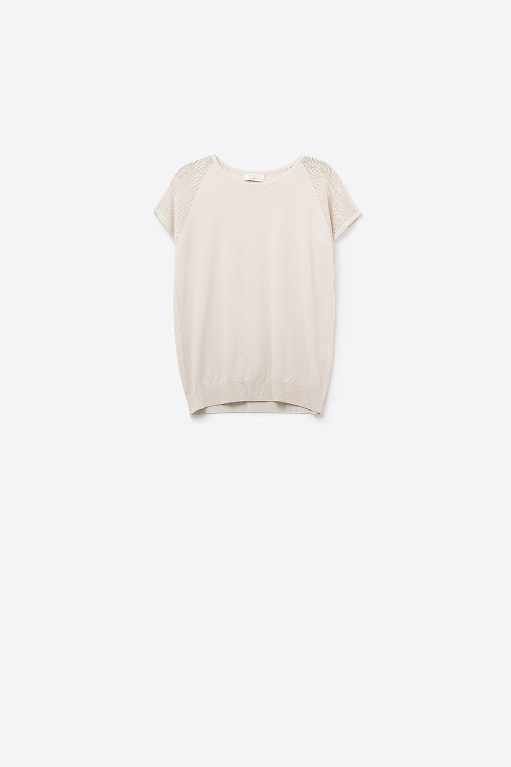Beige Short Sleeve Sweater with Knitted Mesh on the Shoulder