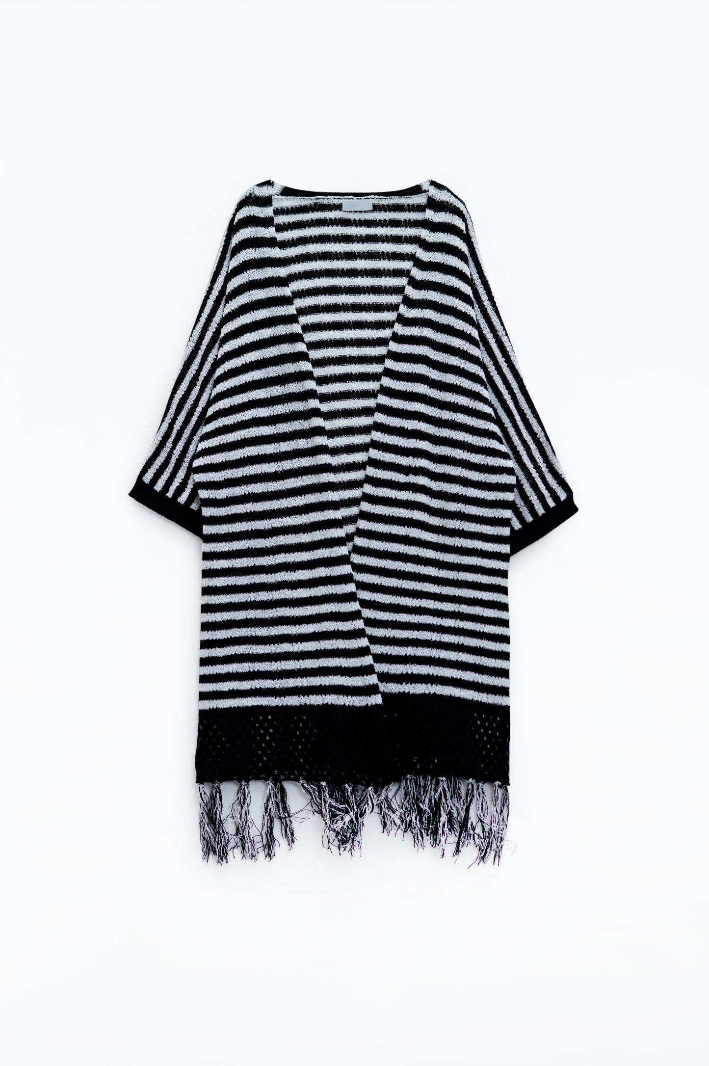 Black boho style cardigan with stripes pointelle knit and fringe details | Just Cool Beans — sweaters | tops