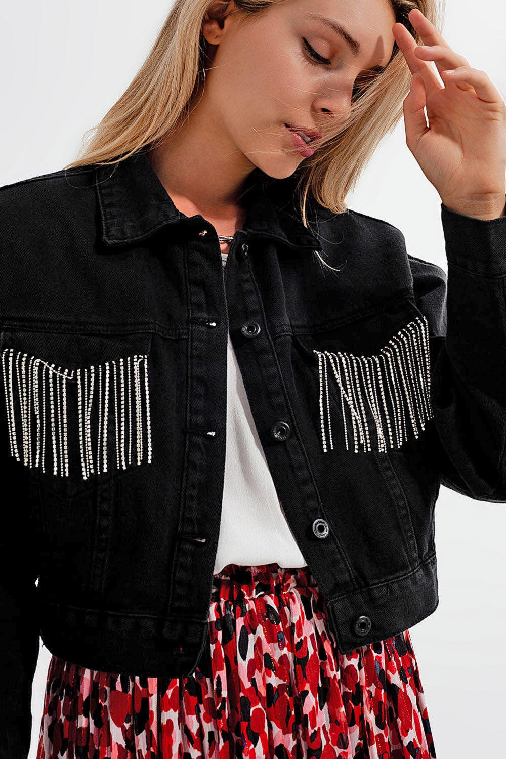 Black denim jacket with strass fringing | Just Cool Beans — coats and jackets | jackets