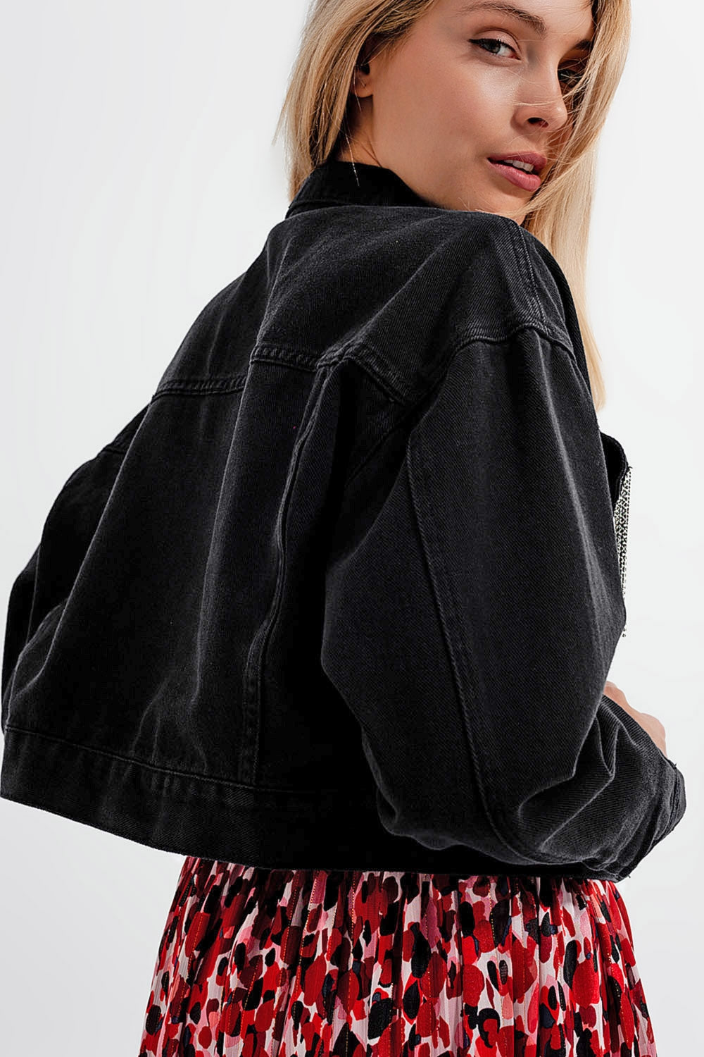 Black Denim Jacket with Strass Fringing