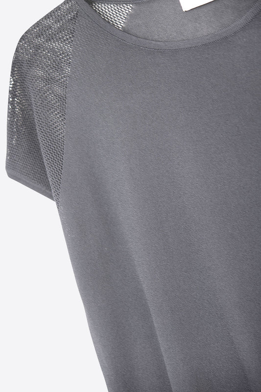 Black Short Sleeve Sweater with Knitted Mesh on the Shoulder