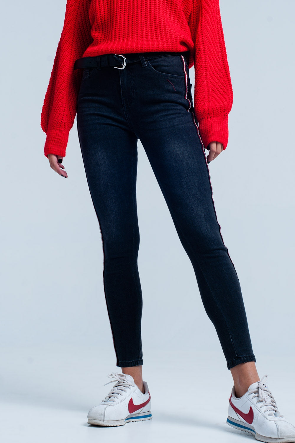 Black skinny jeans with red side stripe | Just Cool Beans — jeans | the denim shop