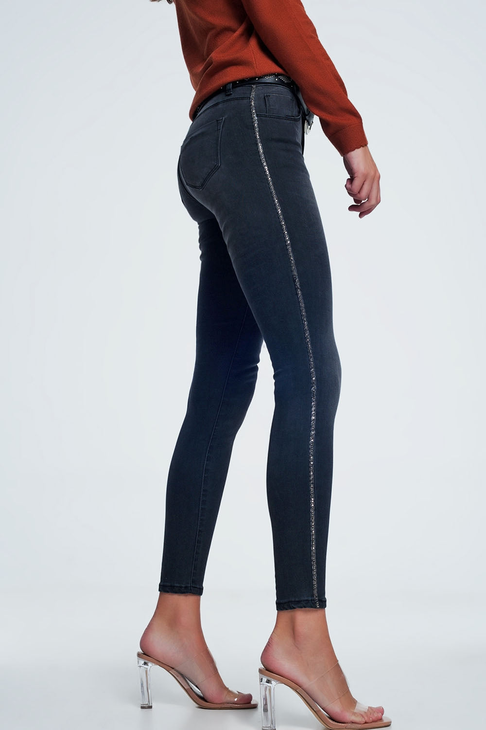 Black skinny jeans with shiny stones detail on the side | Just Cool Beans — jeans | the denim shop