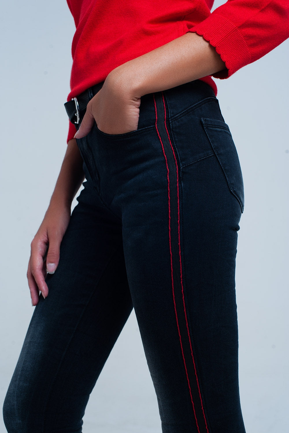 Black skinny leg jeans with side stripe | Just Cool Beans — jeans | the denim shop