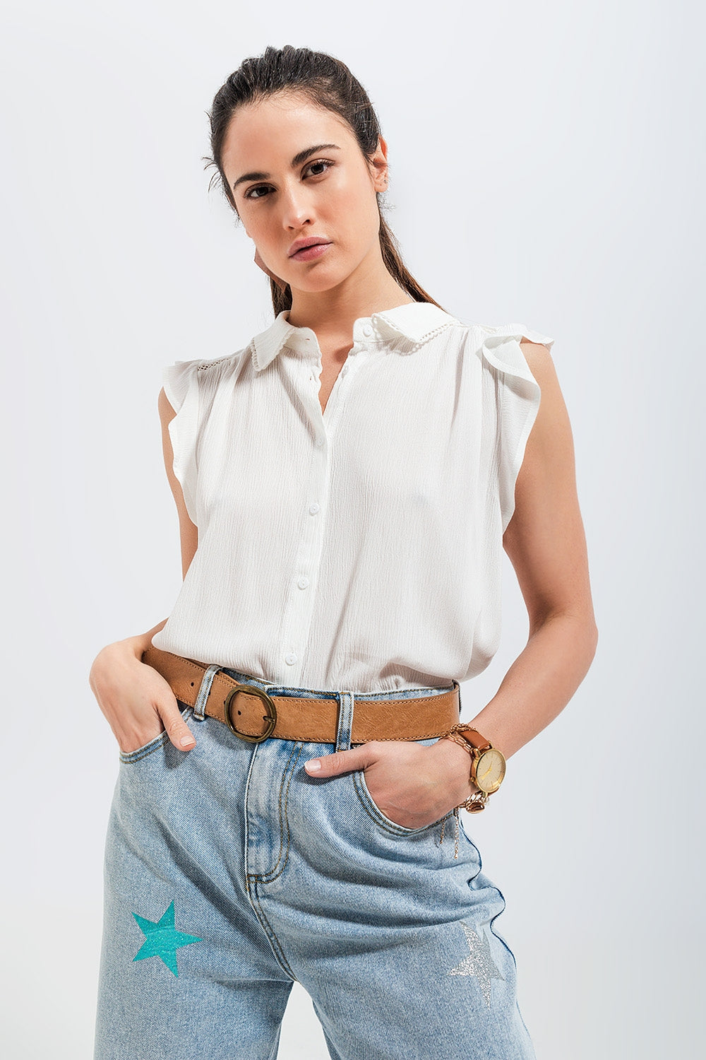 Blouse with frill sleeve in white | Just Cool Beans — shirts | tops