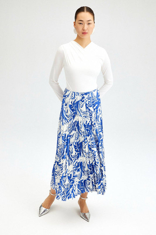 Blue Patterned Pleated Skirt - Just Cool Beans