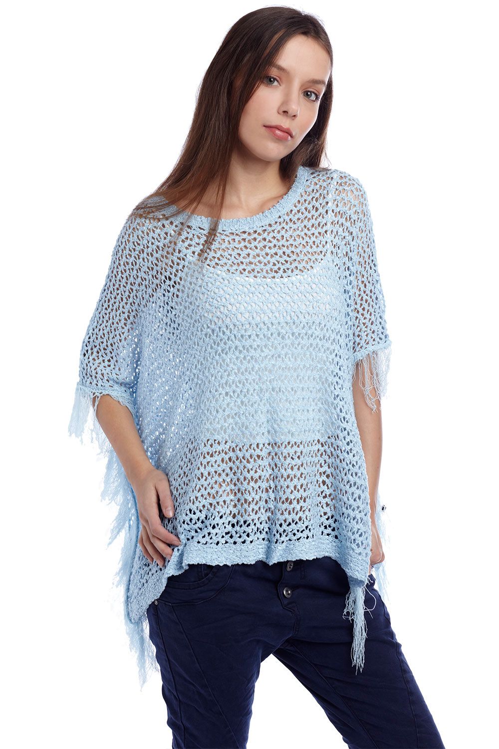 Blue poncho cape with fringing | Just Cool Beans — sweaters | tops