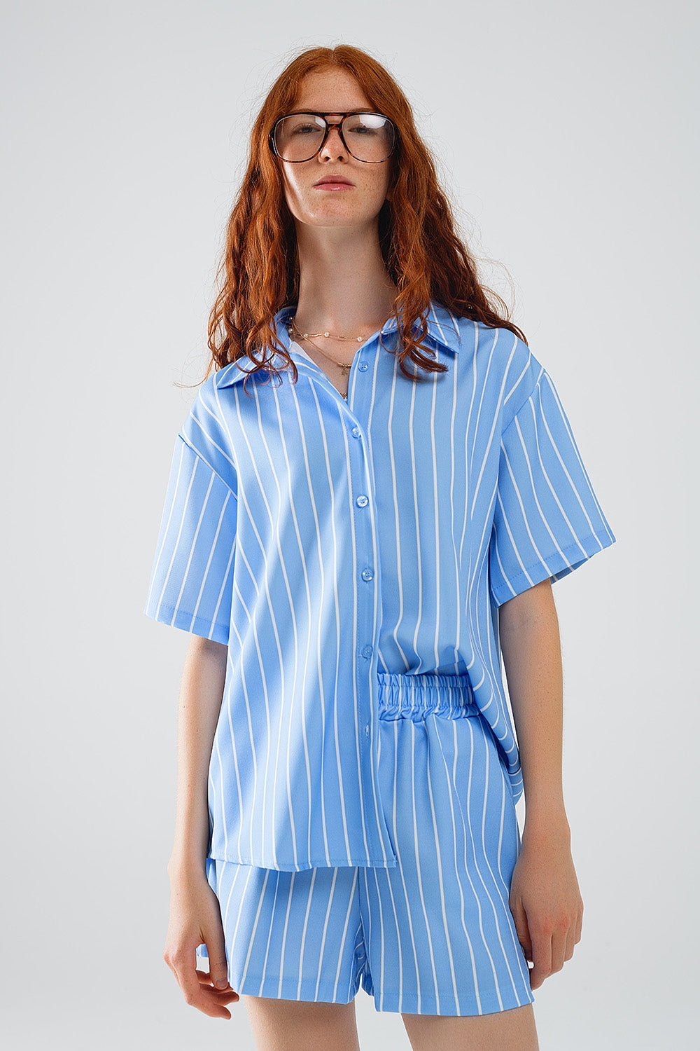 Blue striped short-sleeved shirt | Just Cool Beans — shirts | bottoms