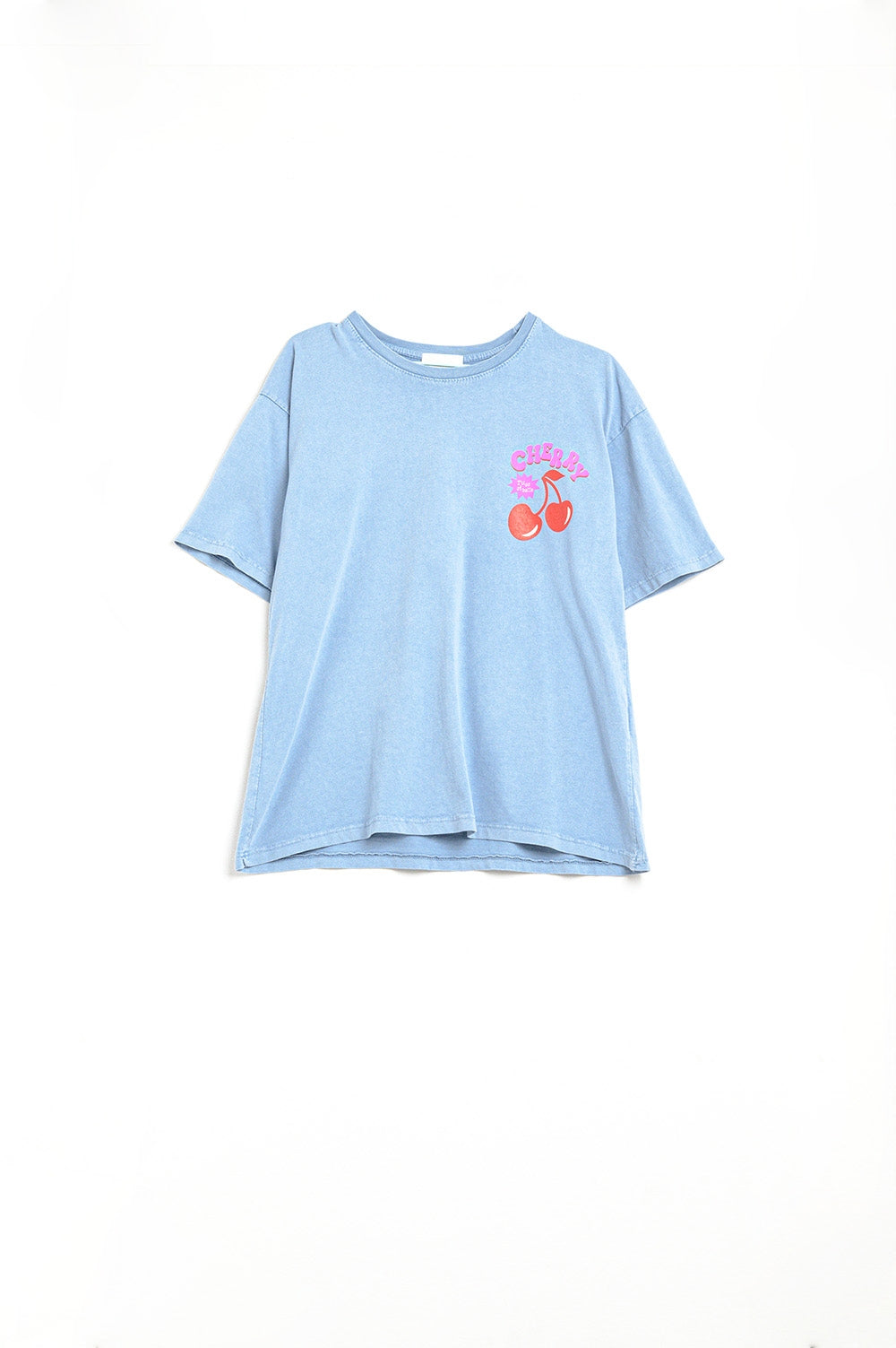 Blue t-shirt with cherry in logo and letters | Just Cool Beans — tops