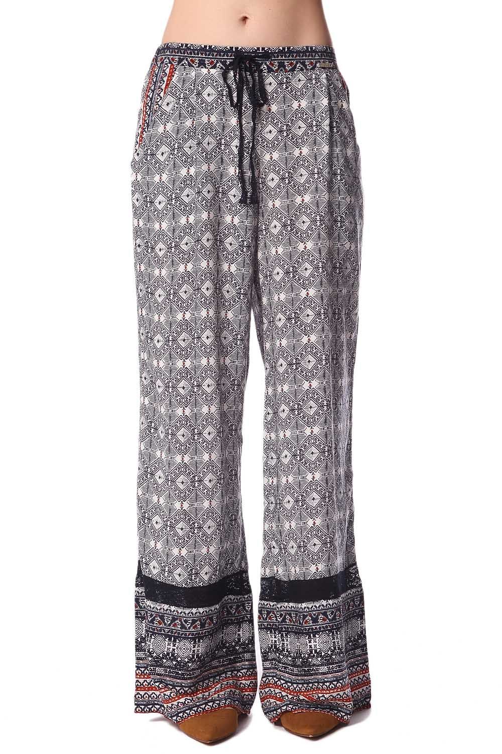 Blue pants in ethno print with wide leg and eyelash lace insert | Just Cool Beans — pants | bottoms