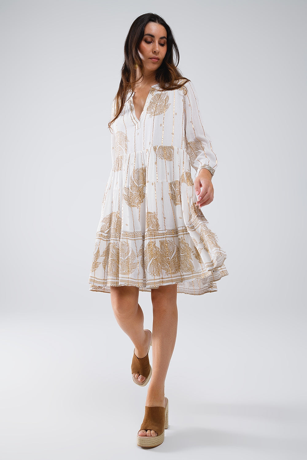 Boho long sleeve dress with leaf print and lurex details in white | Just Cool Beans — dresses