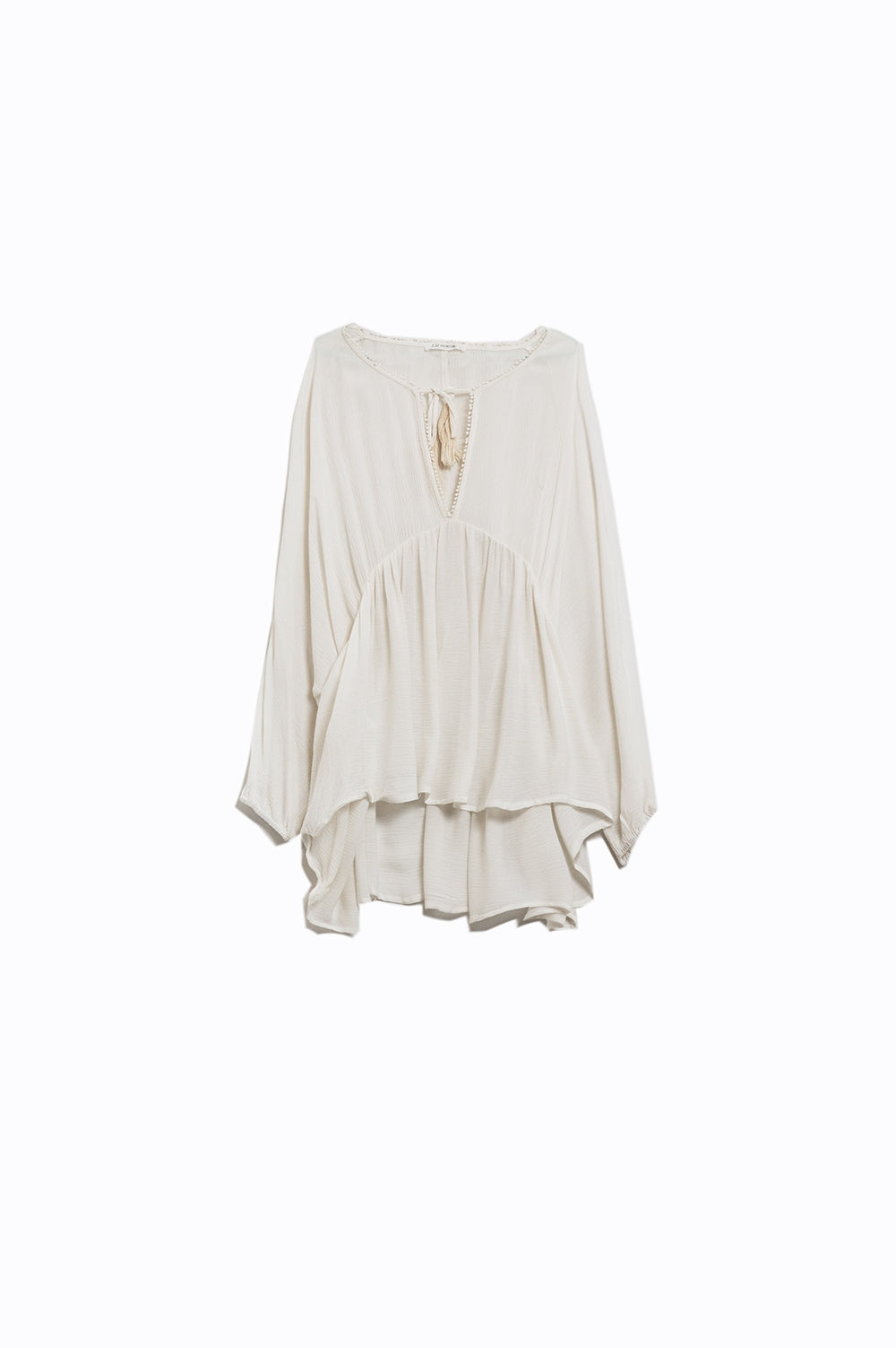 Boho white short dress with long sleeves and ruched detail | Just Cool Beans — dresses | bottoms