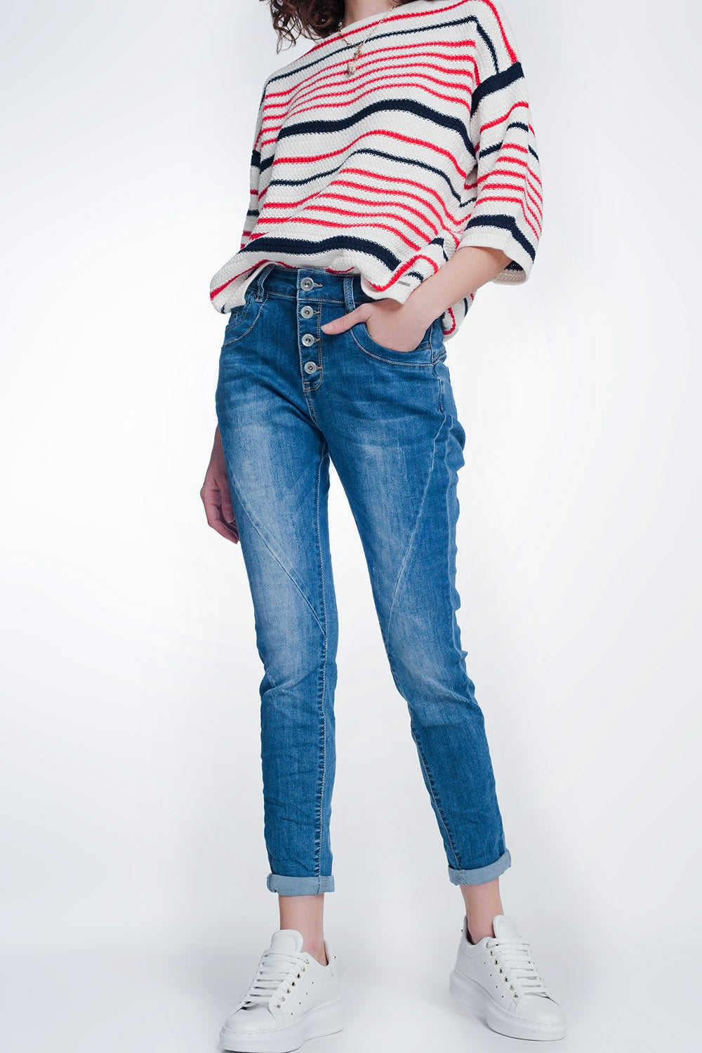 Boyfriend cut jeans with buttons in mid blue wash | Just Cool Beans — jeans | the denim shop