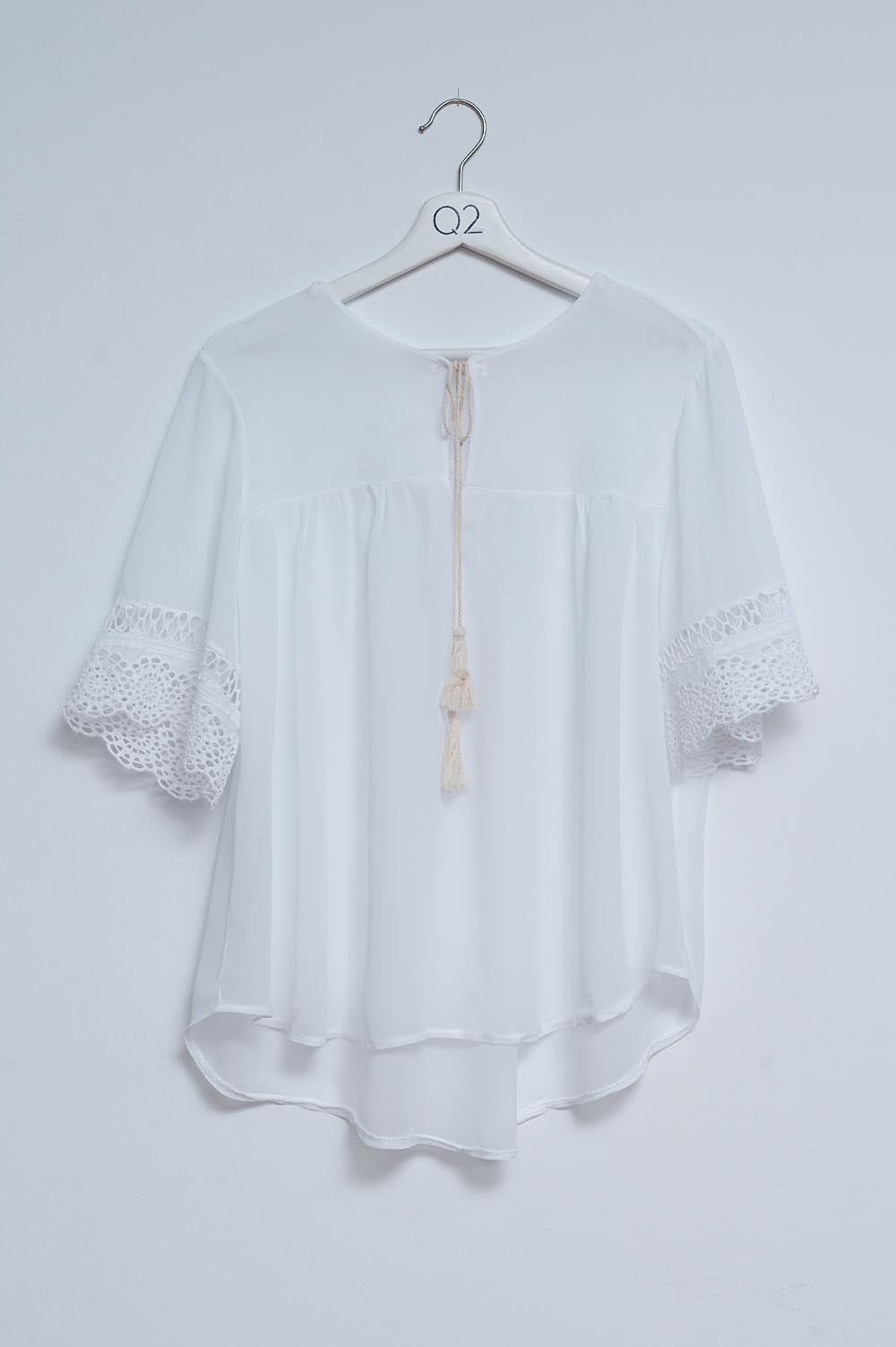 Broderie tie front blouse in white | Just Cool Beans — shirts | tops