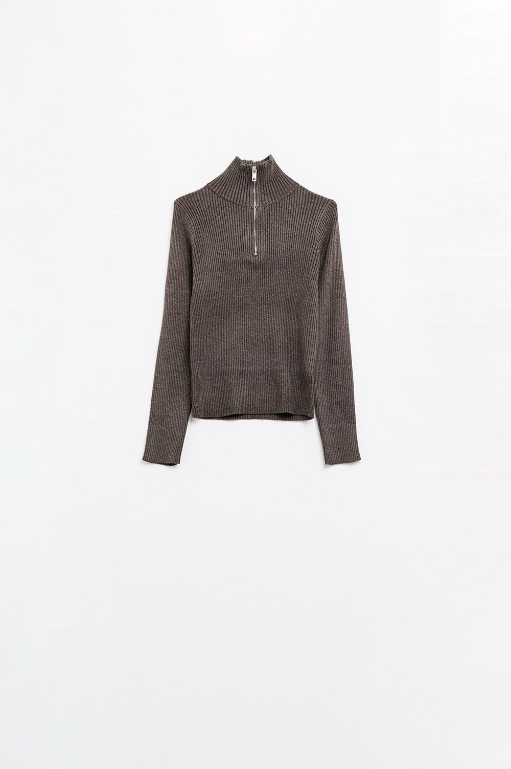 Brown ribbed fitted sweater with zip closure | Just Cool Beans — sweaters | tops
