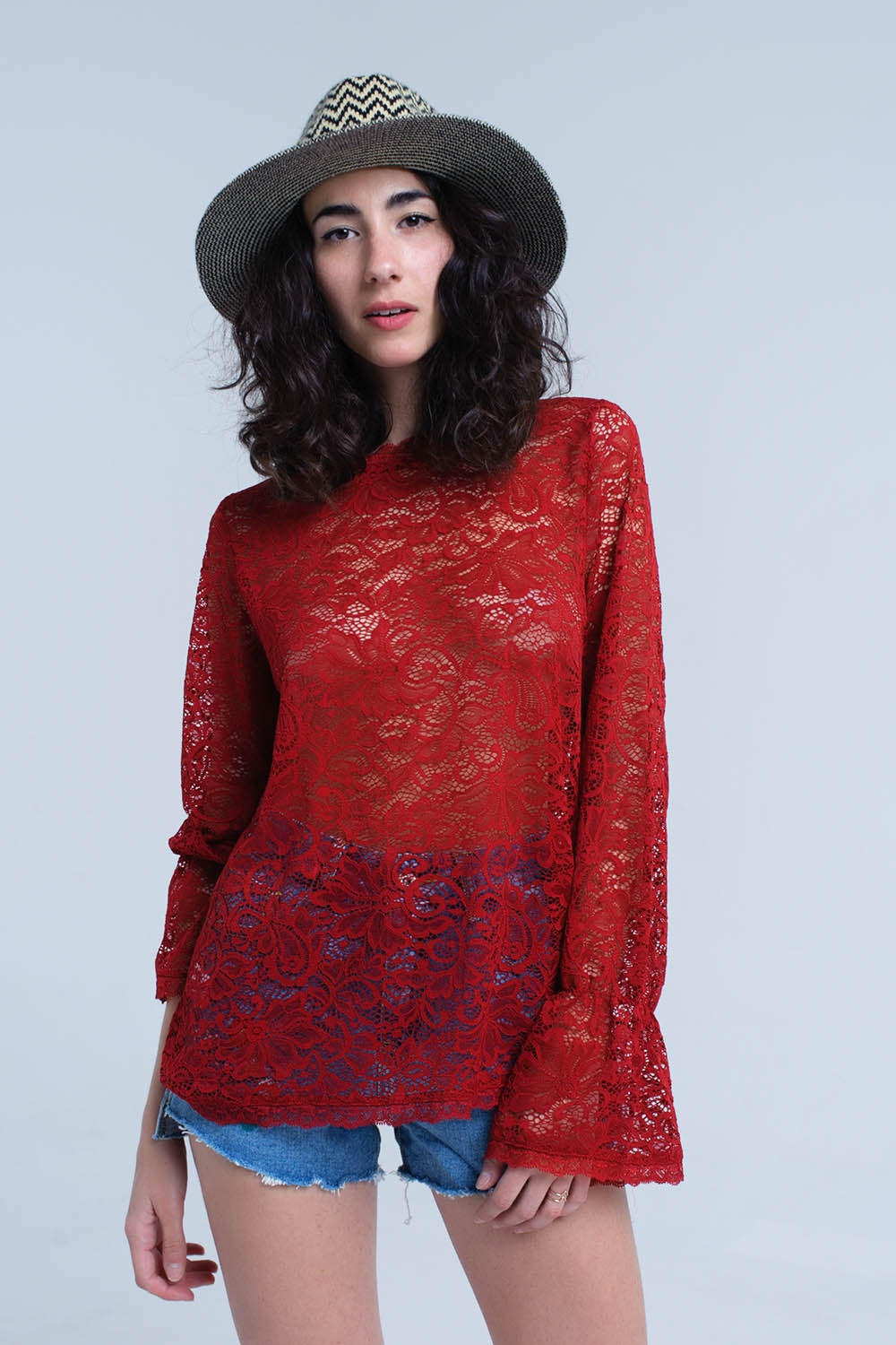 Burgundy sheer lace top with bell sleeves | Just Cool Beans — shirts | tops
