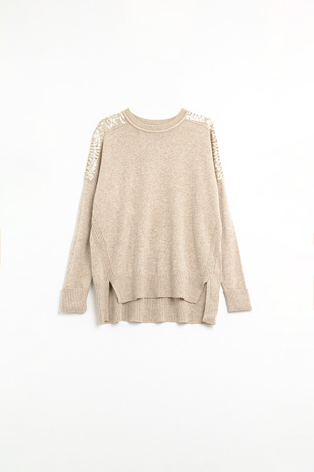 Camel long sleeves sweater with sequins on the shoulders | Just Cool Beans — sweaters | tops
