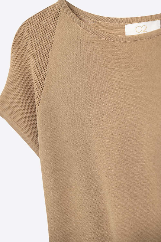 Camel Short Sleeve Sweater with Knitted Mesh on the Shoulder