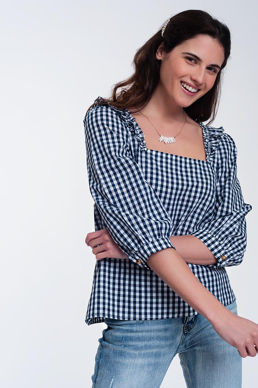 Check square neck top in navy | Just Cool Beans — tops