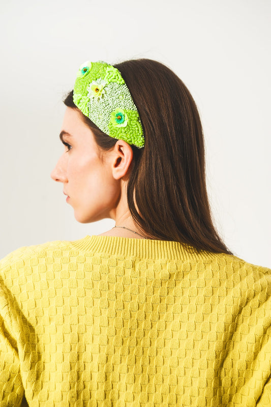 Chunky Headband with Embellished Green Flowers