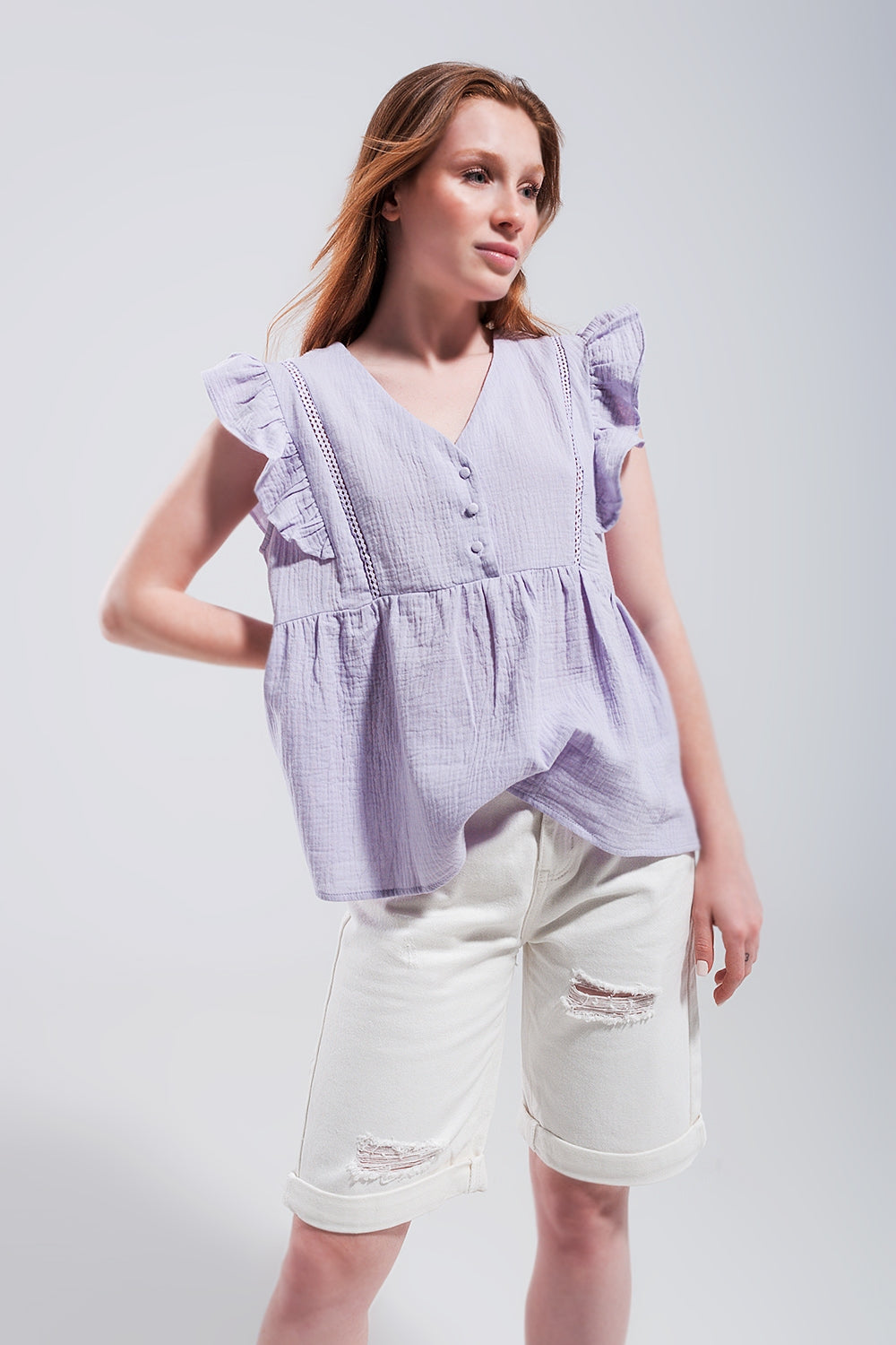 Cotton tank top with ruffle sleeves in lilac | Just Cool Beans — shirts | tops