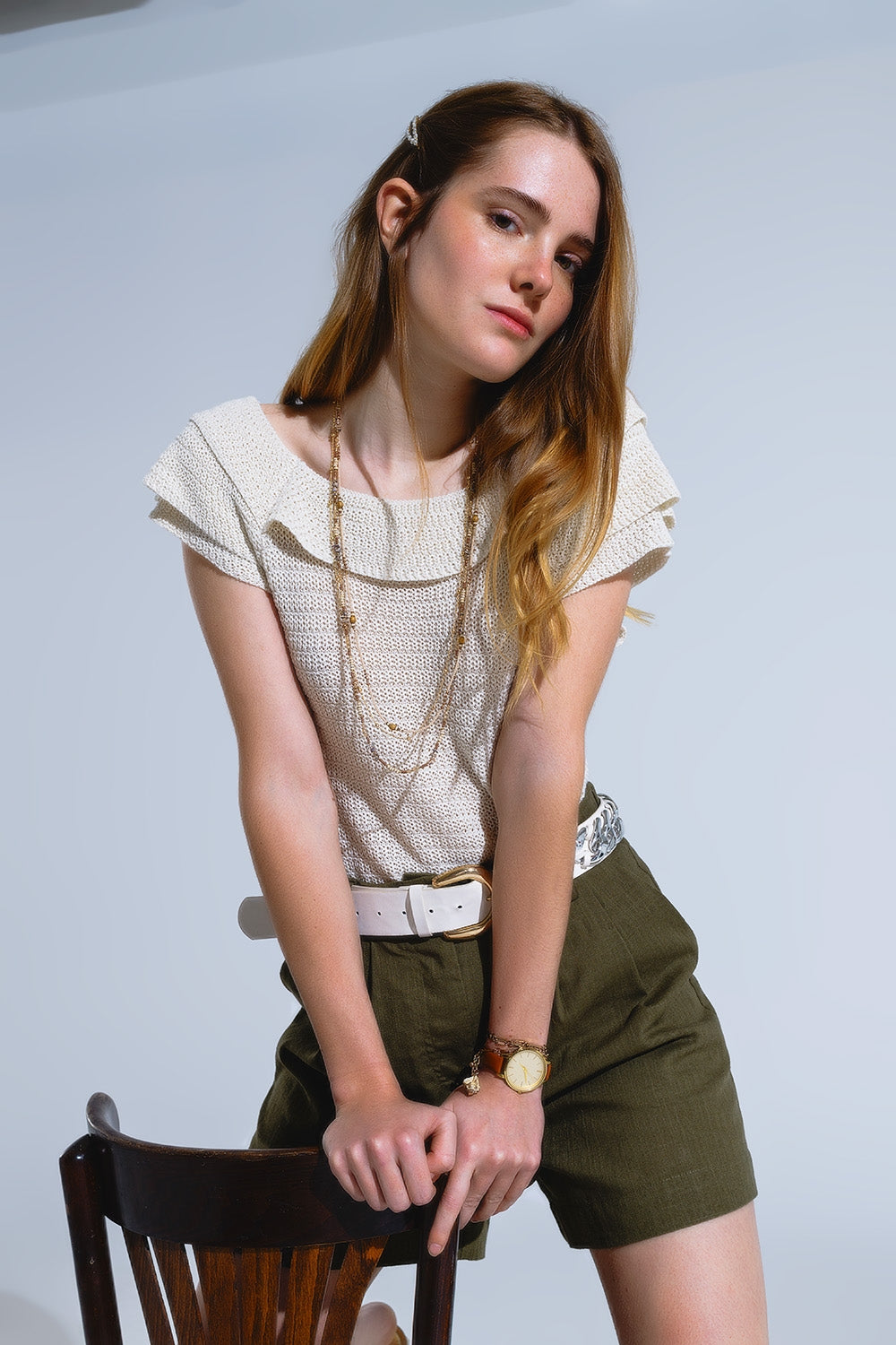 Cream croched short sleeve sweater with boat neck | Just Cool Beans — sweaters | bottoms