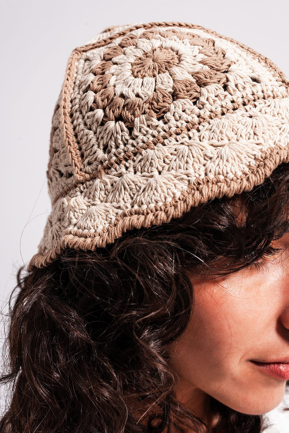 Crochet bucket hat with daisy detail in beige | Just Cool Beans
