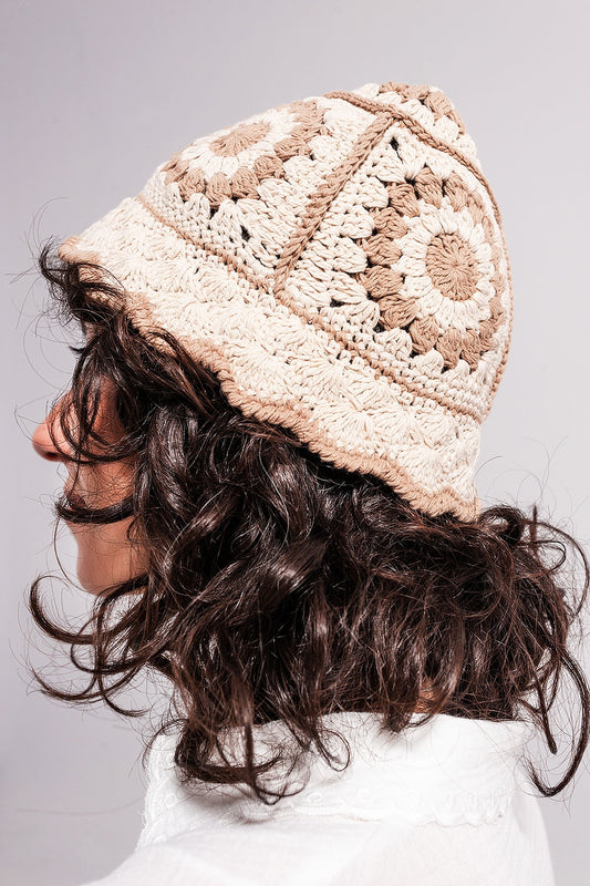 Crochet bucket hat with daisy detail in beige | Just Cool Beans