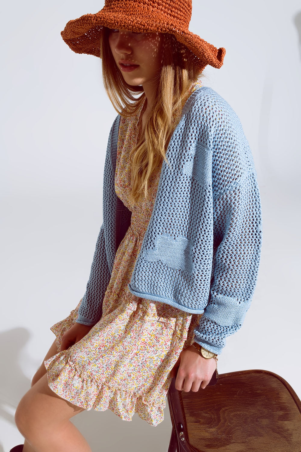 Crochet cardigan with knitted clouds in blue | Just Cool Beans — sweaters | tops