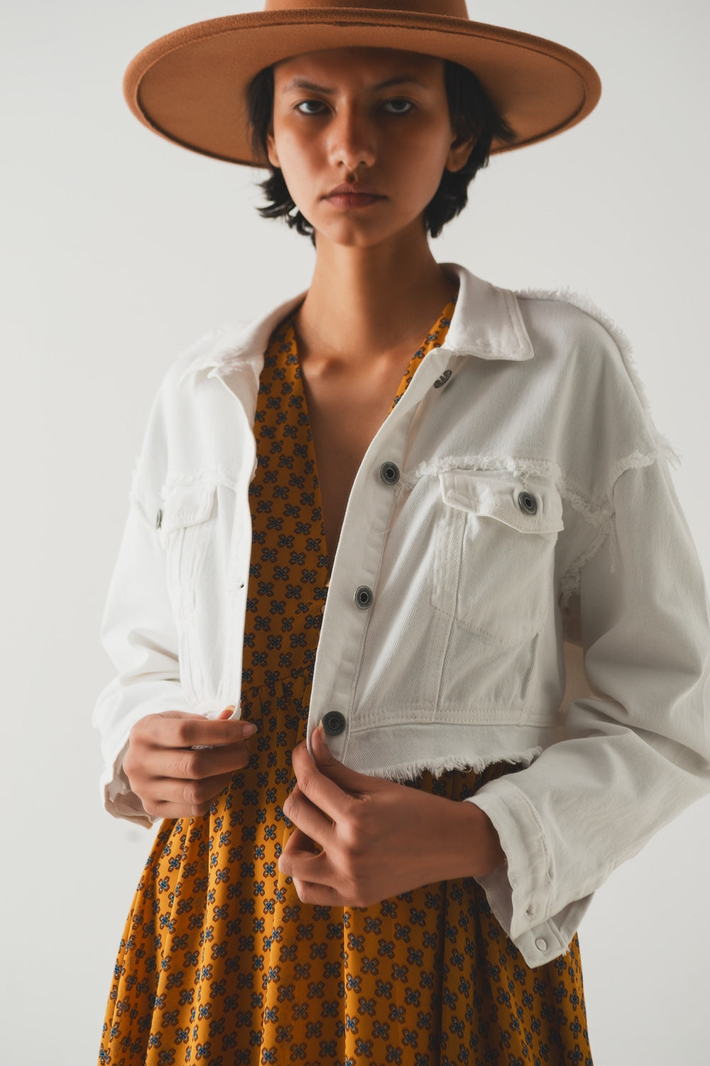 Cropped denim trucker jacket in white | Just Cool Beans — coats and jackets | jackets