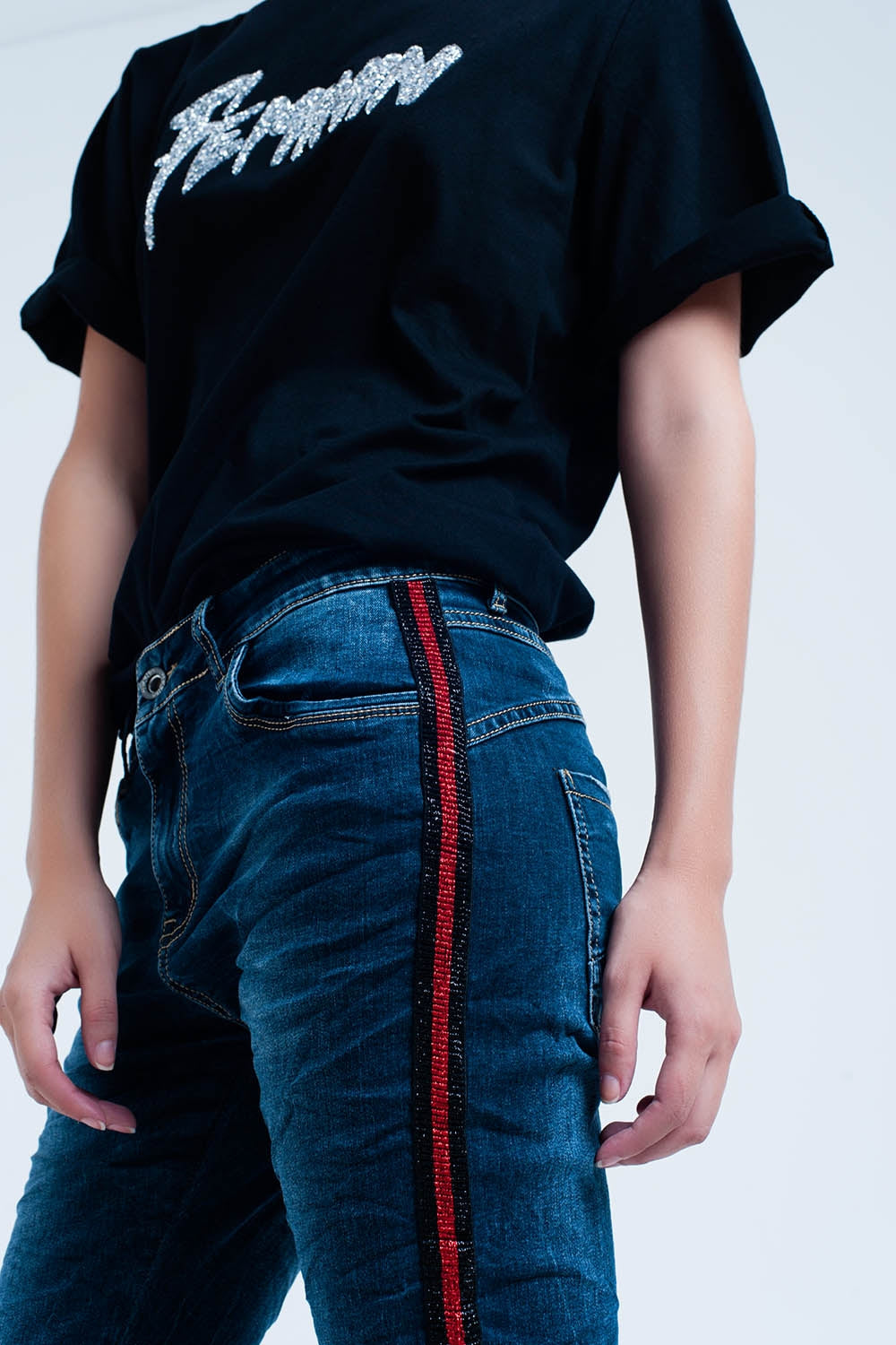 Dark blue boyfriend jeans with red sideband | Just Cool Beans — jeans | the denim shop