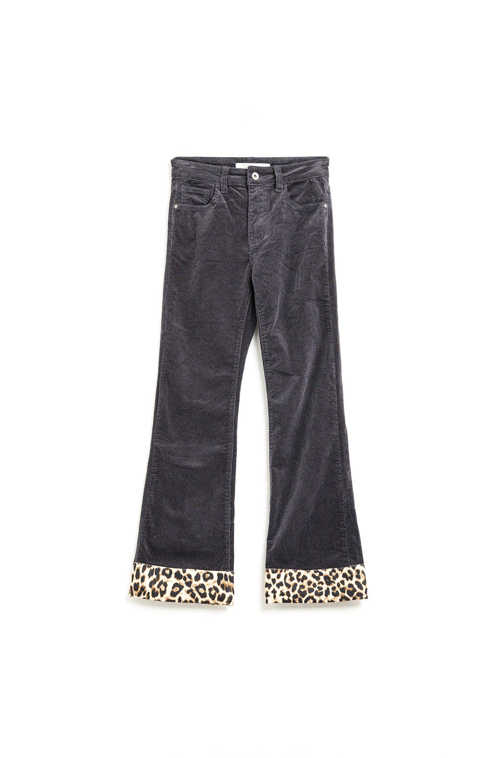 Dark grey corduroy flare pants with leopard print at the bottom | Just Cool Beans — pants | bottoms