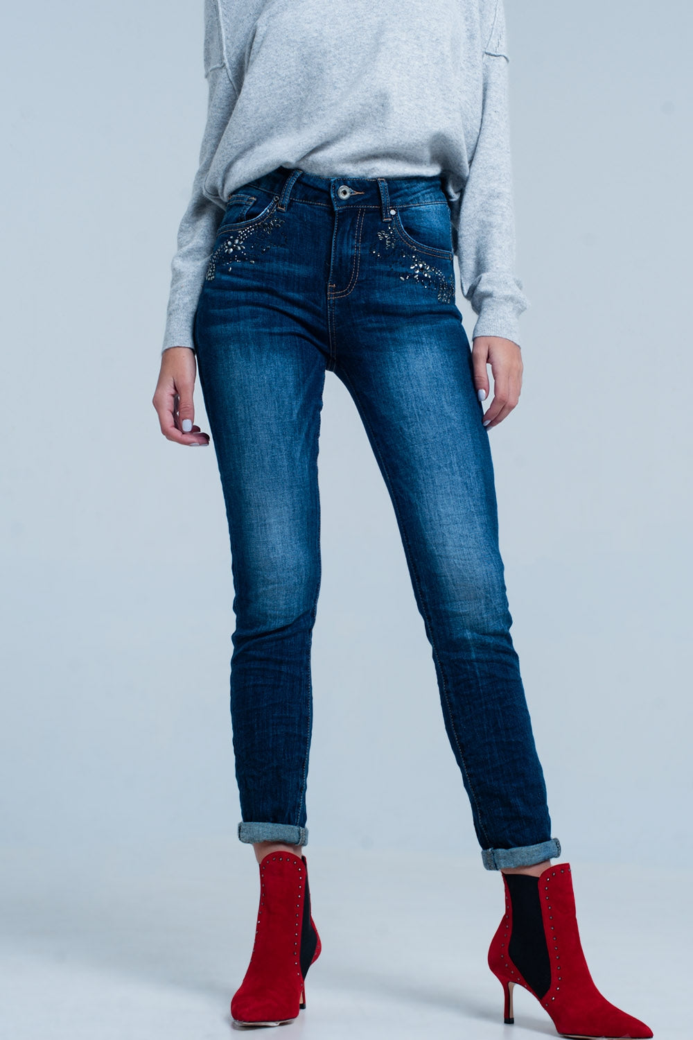 Dark wash high waist jeans with rhinestone details | Just Cool Beans — jeans | the denim shop