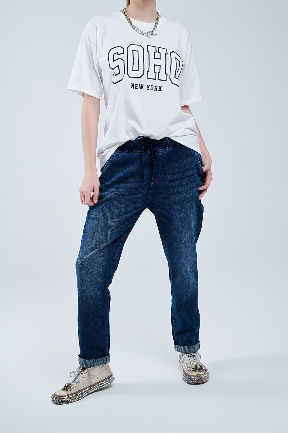 Dark wash jeans with drwastring and elastic waist | Just Cool Beans — jeans | the denim shop