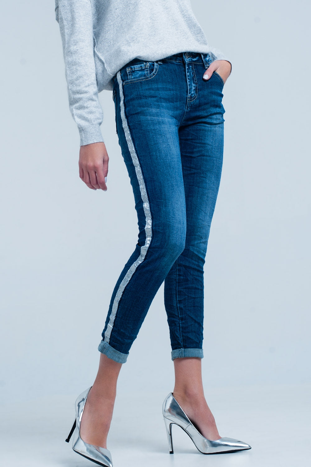 Dark wash jeans with silver shiny side stripe | Just Cool Beans — jeans | the denim shop