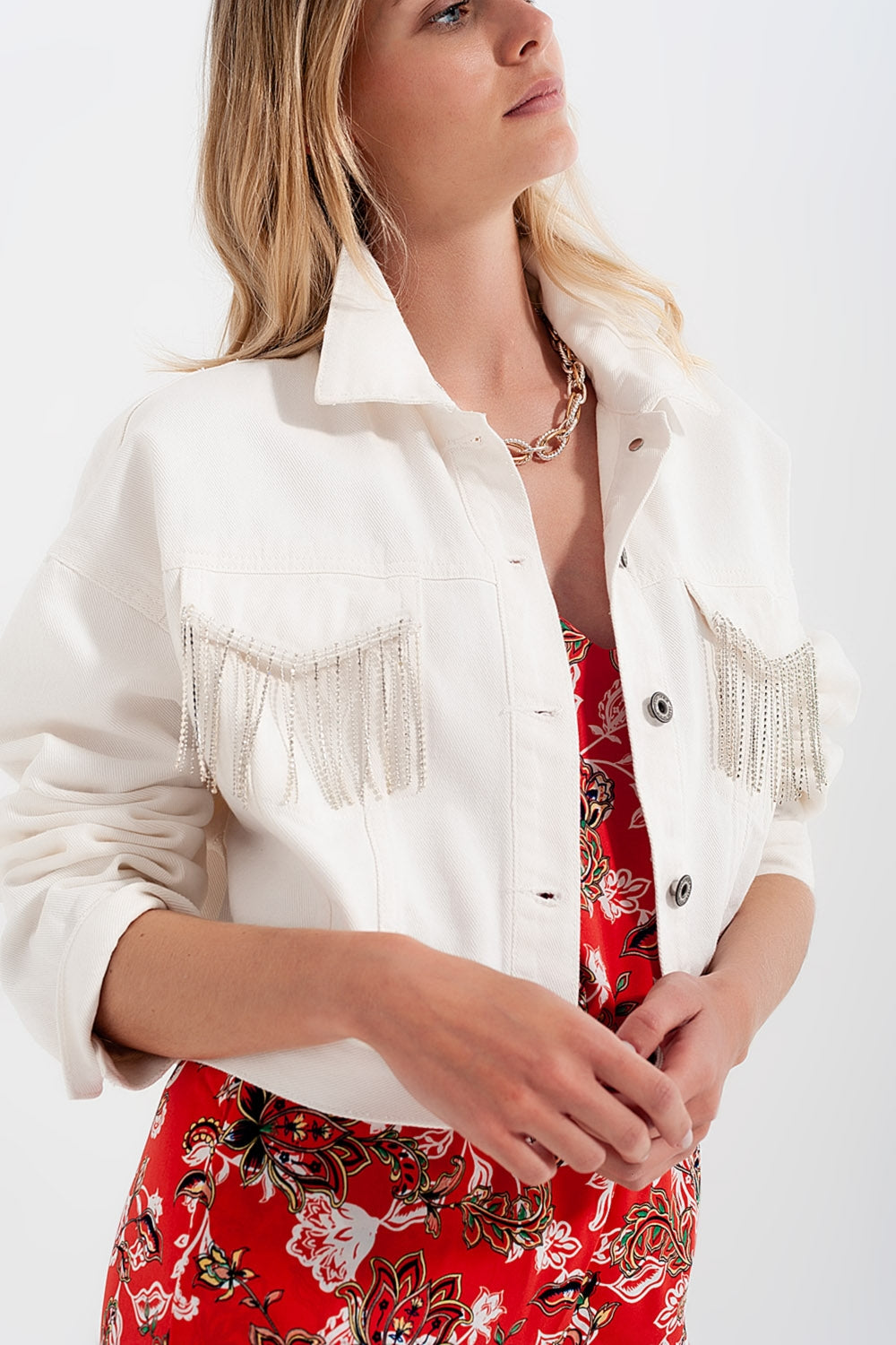Denim jacket with diamante fringing in white | Just Cool Beans — coats and jackets | jackets