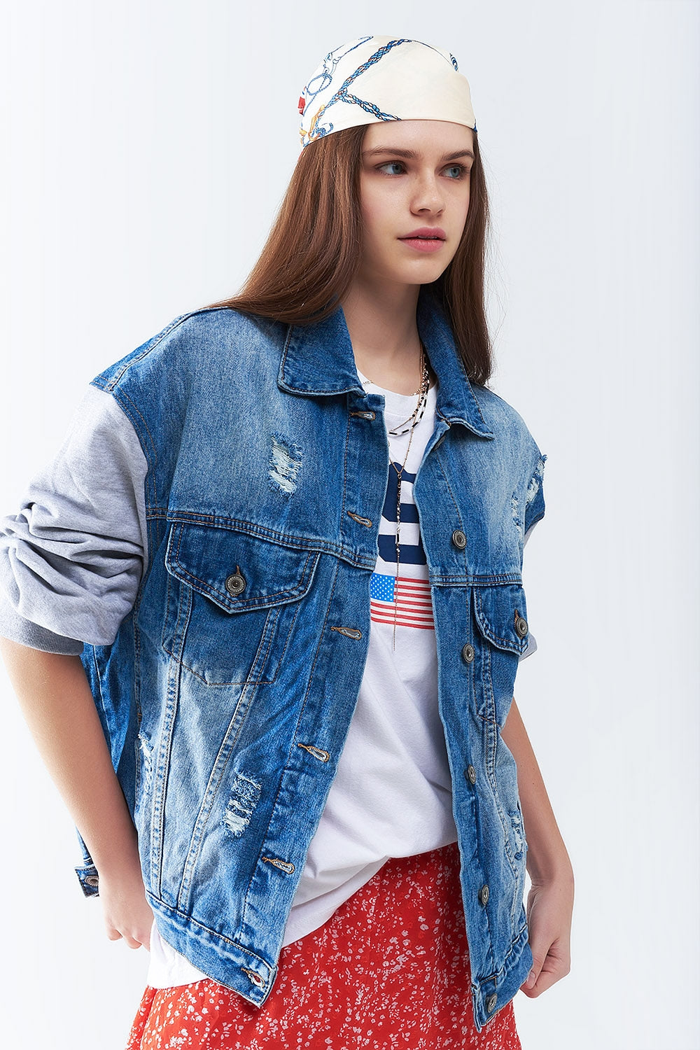 Denim jacket with jogging fabric sleeves | Just Cool Beans — coats and jackets | jackets