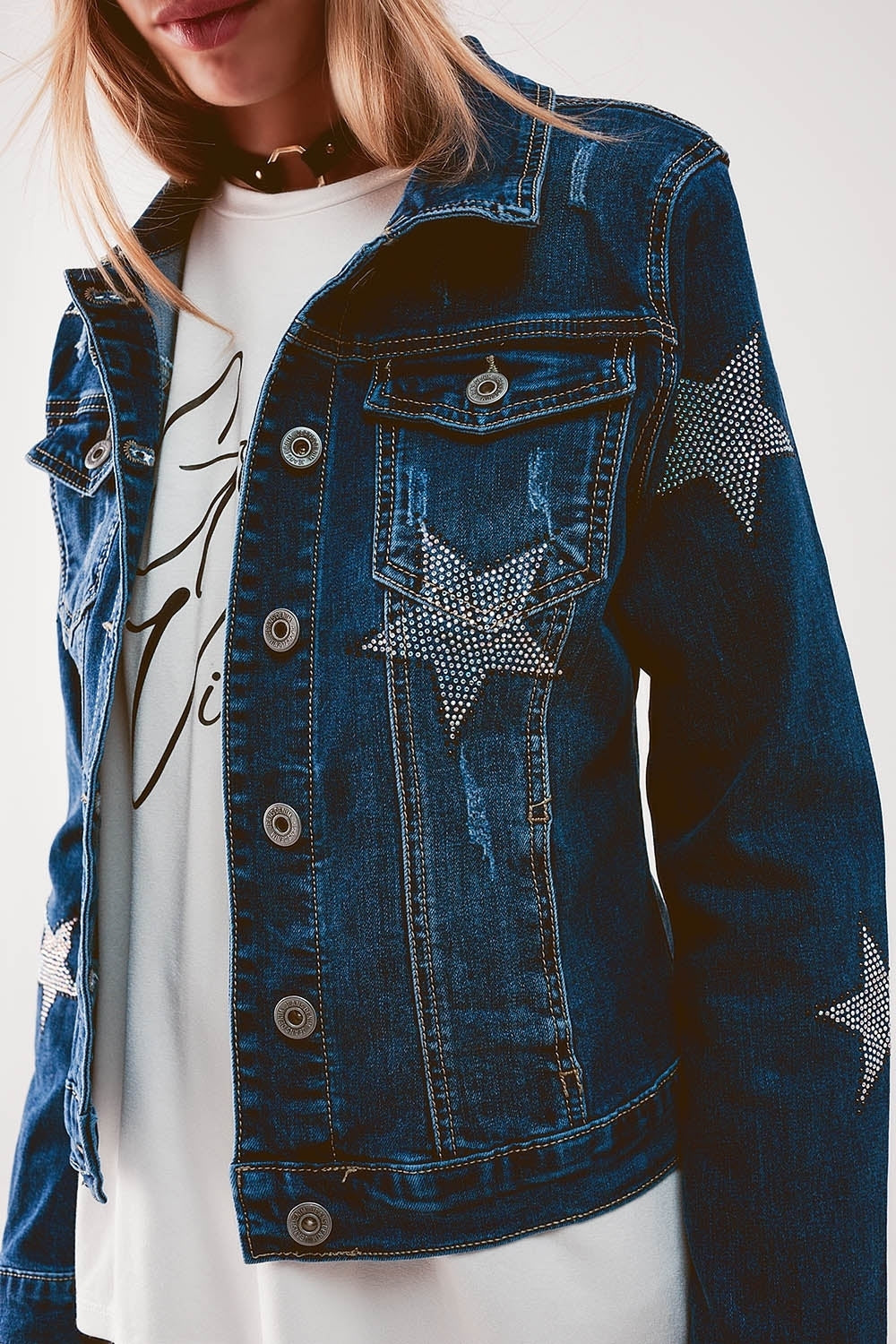 Denim jacket with star embellishment in midwash | Just Cool Beans