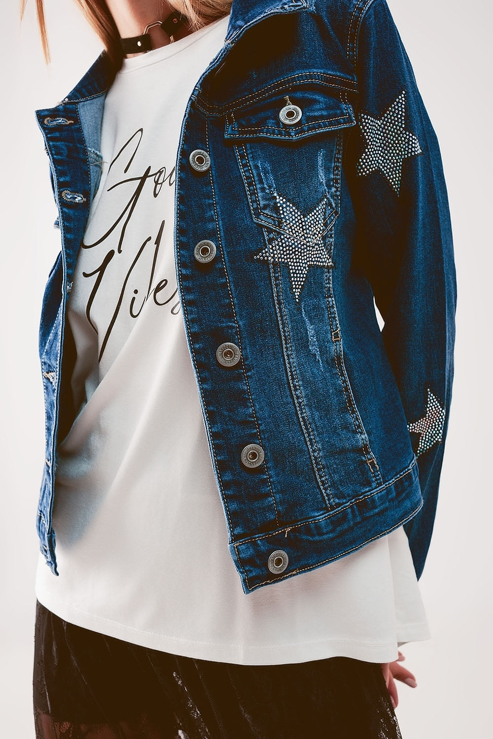 Denim jacket with star embellishment in midwash | Just Cool Beans