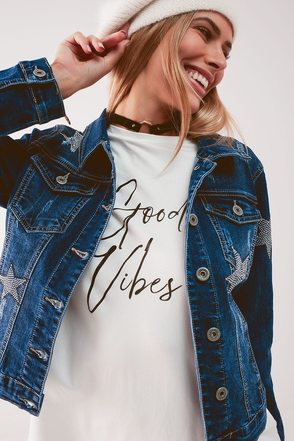 Denim jacket with star embellishment in midwash | Just Cool Beans