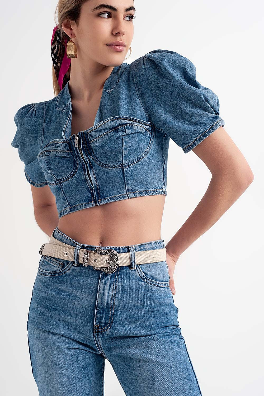 Denim puff sleeve crop top in mid wash blue | Just Cool Beans — shirts | tops