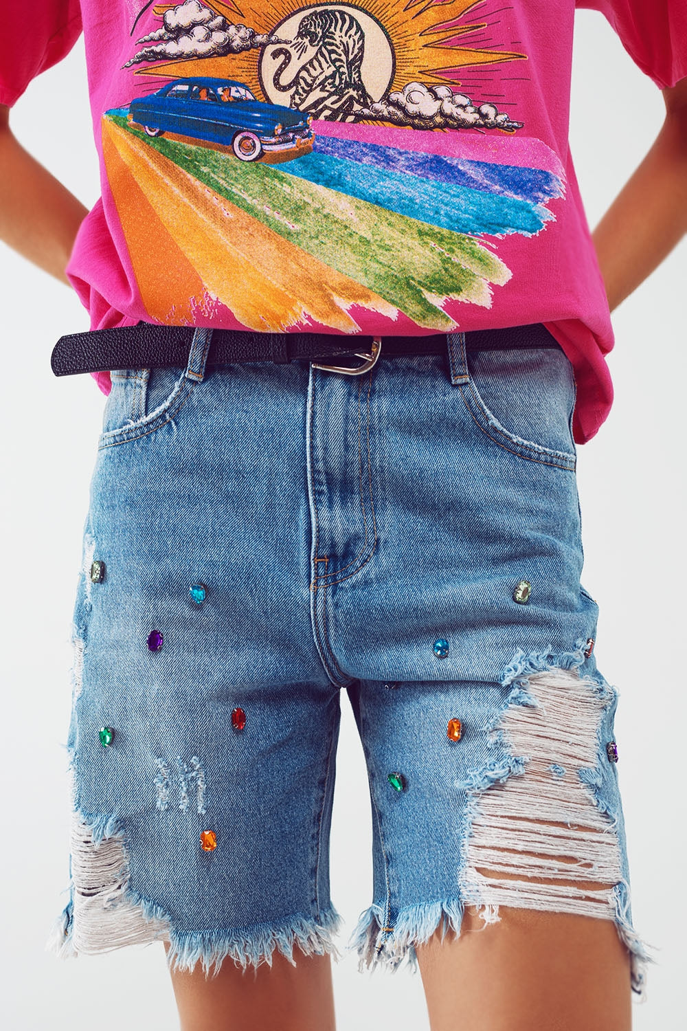 Distressed embellished bermuda shorts in light wash | Just Cool Beans — jeans | bottoms