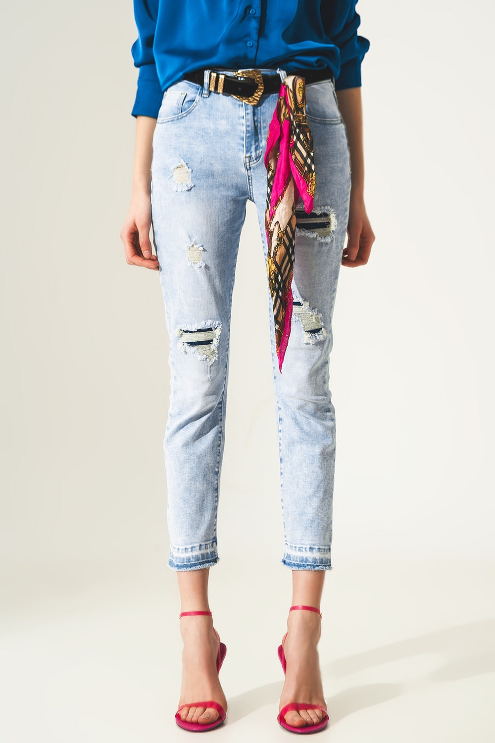 Distressed straight jeans with hem detail in blue | Just Cool Beans — jeans | the denim shop