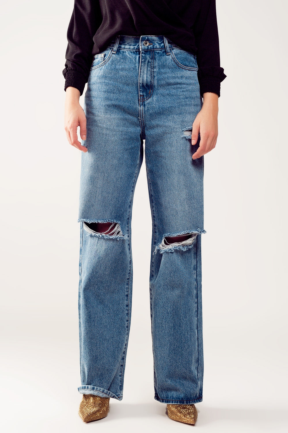 Distressed straight leg jean in medium denim | Just Cool Beans — jeans | the denim shop