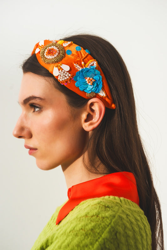 Embellished chunky headband in orange